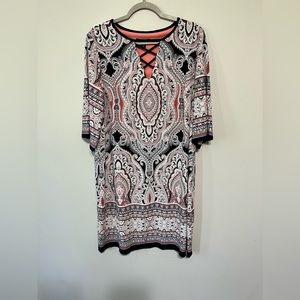 Roz & Ali Casual Pink White Dress 3/4 Flare Sleeves Sz 14 Multi-Color #C023